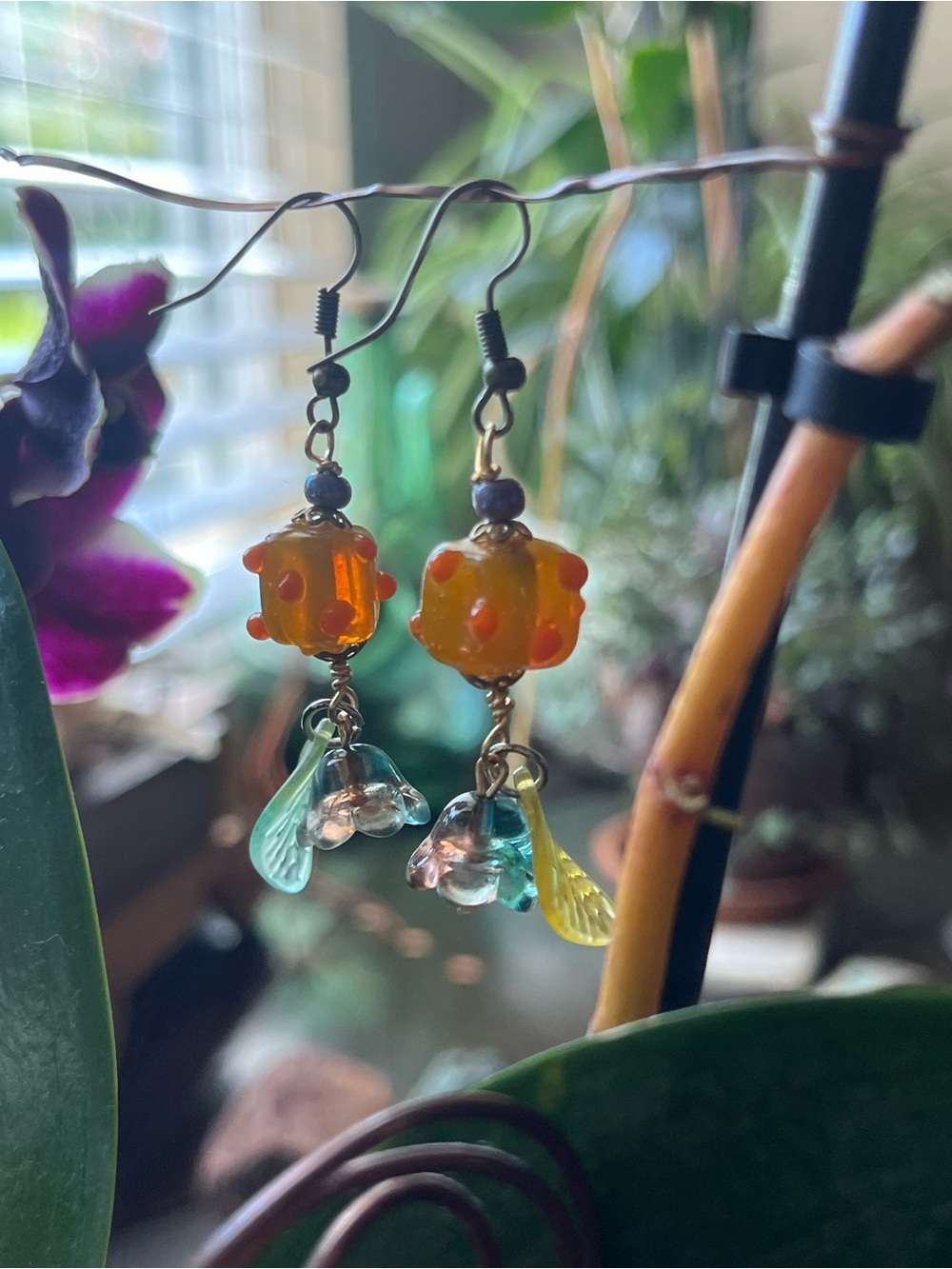 Handmade Amber Glass Bead Flower Drop Earrings - Yellow & Teal